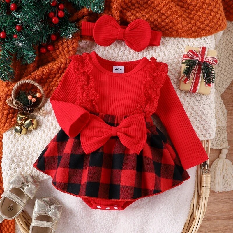 Vestido Xadrez Natal + Laço | 0-12 Meses